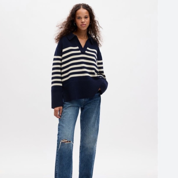 100% Cotton GAP 24/7 Navy Blue & White Split-Hem Polo Sweater - Picture 3 of 3